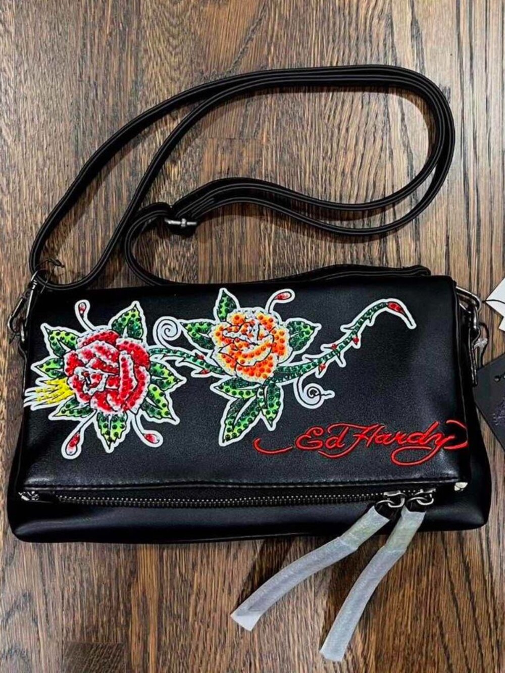 ed hardy rhinestone flower purse bedazzled shoulder bag with crossbody strap y2k